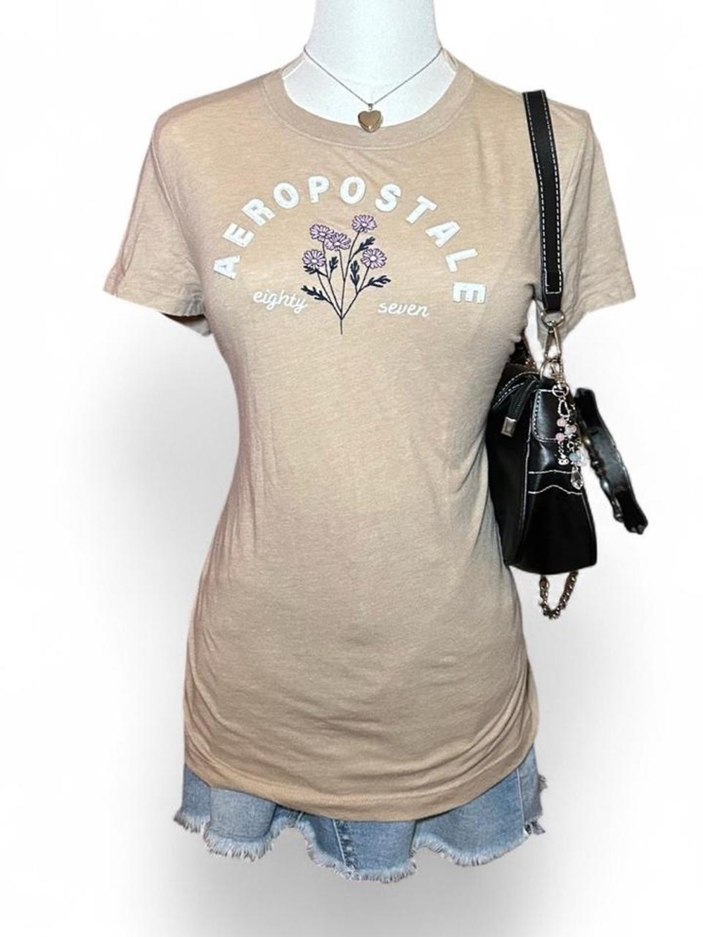 Y2K Aeropostale Tan Tee with Floral Embroidered Logo Neutrals Indie Sleaze